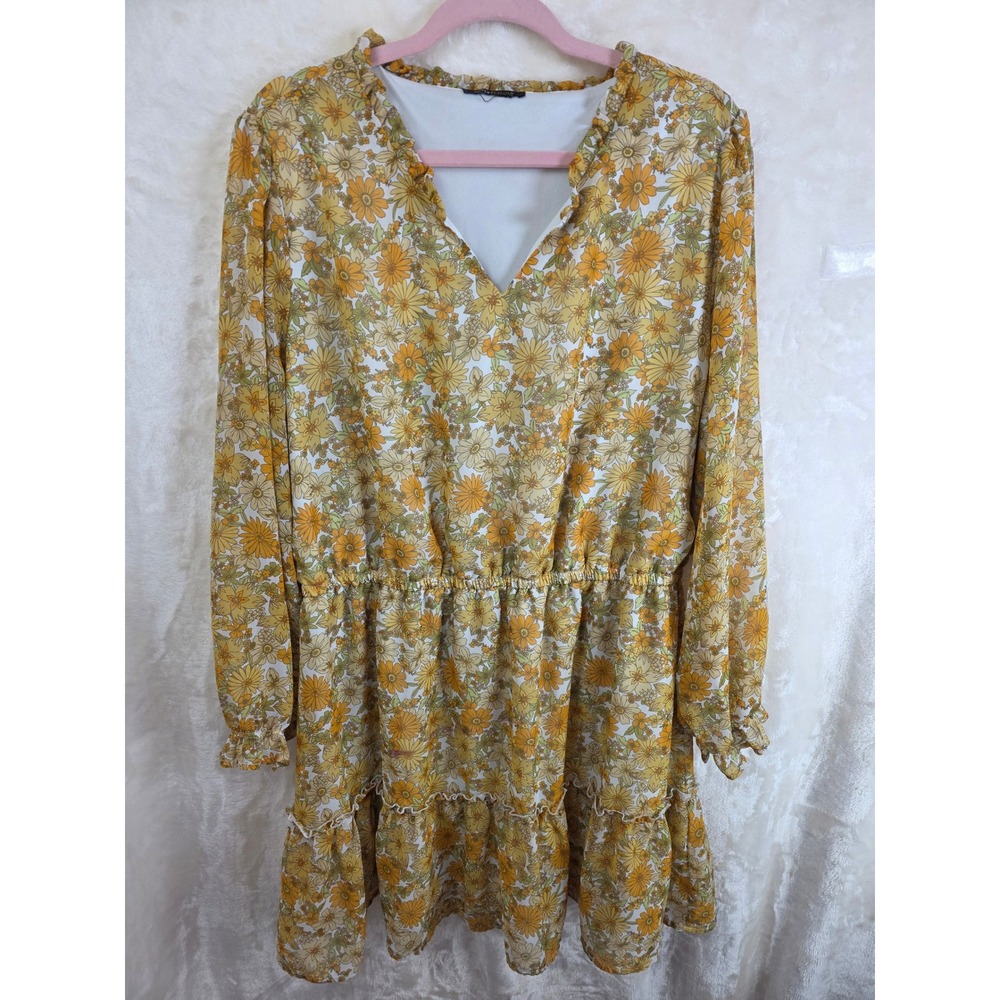 Robert Louis Yellow Floral V-Neck Long Sleeve‎ Ruffle Tiered Mini Dress Womens